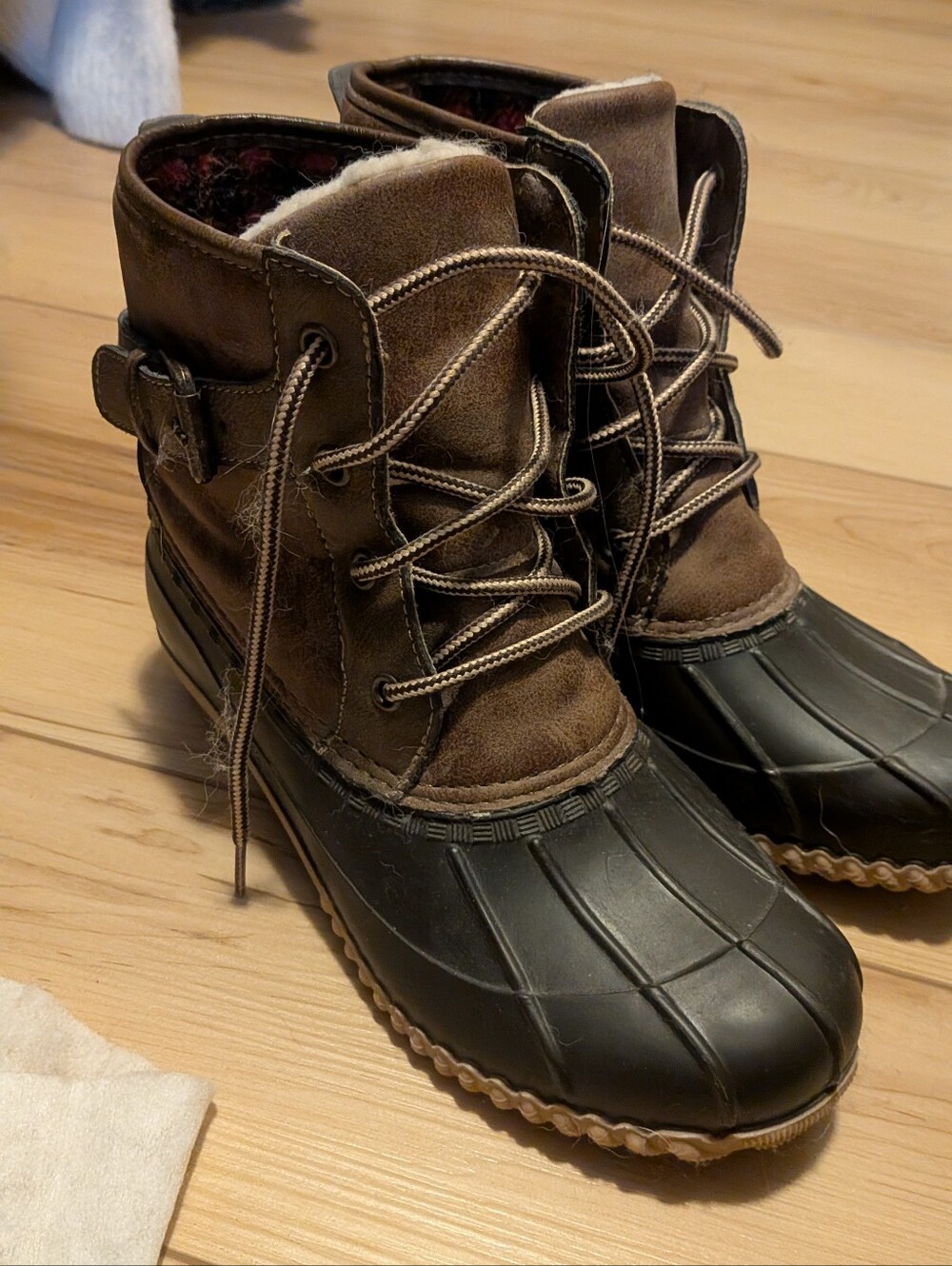 Women's Madden Girl Neutral Brown and Black Duck Boots